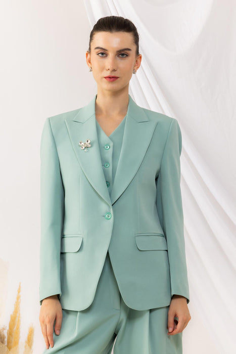 Sea Green Single  Button Blazer With Flap Side Pockets Features with a Brooch