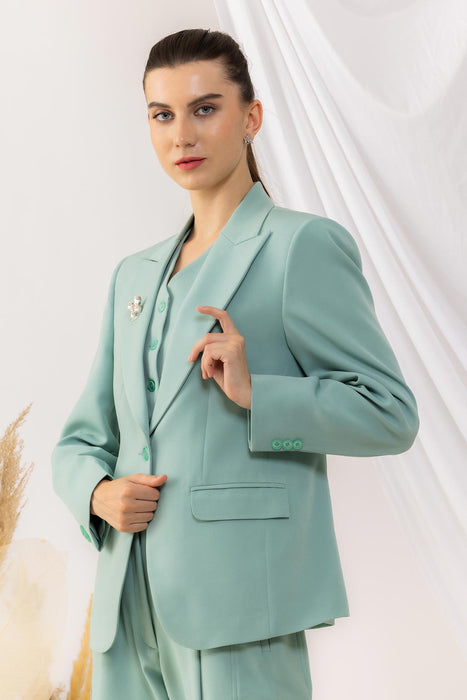 Sea Green Single  Button Blazer With Flap Side Pockets Features with a Brooch