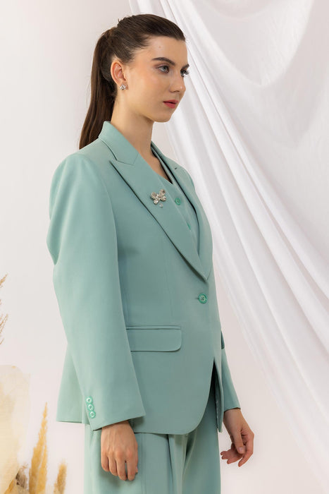 Sea Green Single  Button Blazer With Flap Side Pockets Features with a Brooch