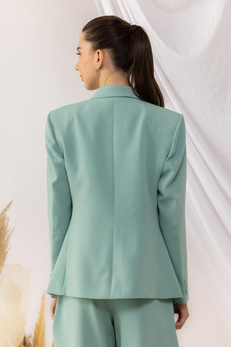 Sea Green Single  Button Blazer With Flap Side Pockets Features with a Brooch