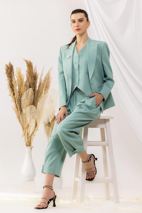 Sea Green Single  Button Blazer With Flap Side Pockets Features with a Brooch