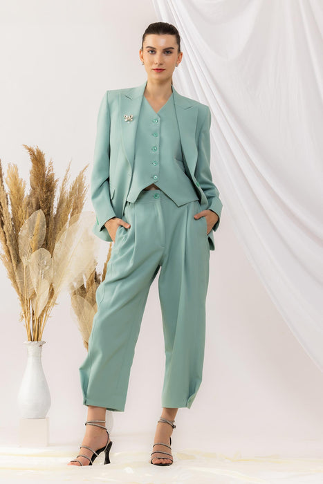 Sea Green Single Button Blazer With Waist Coat And yoka style Pant set