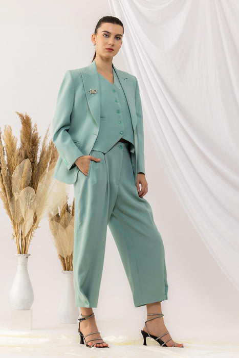 Sea Green Single Button Blazer With Waist Coat And yoka style Pant set