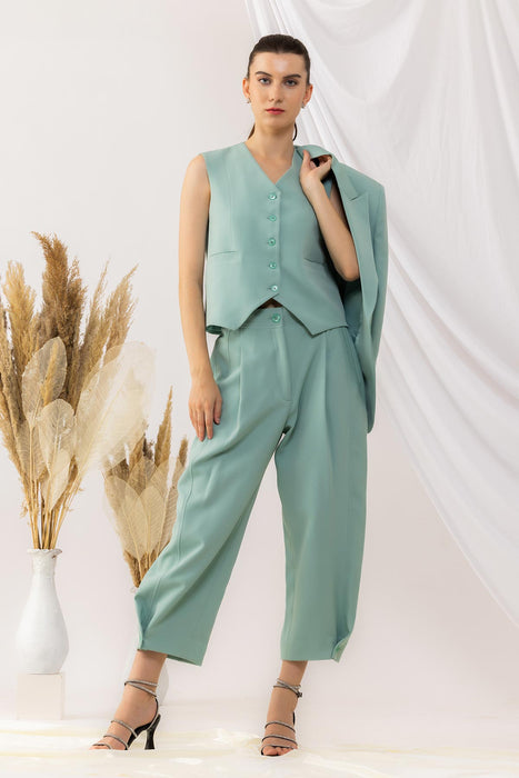 Sea Green Single Button Blazer With Waist Coat And yoka style Pant set