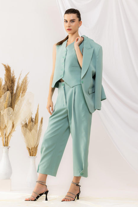 Sea Green Single Button Blazer With Waist Coat And yoka style Pant set