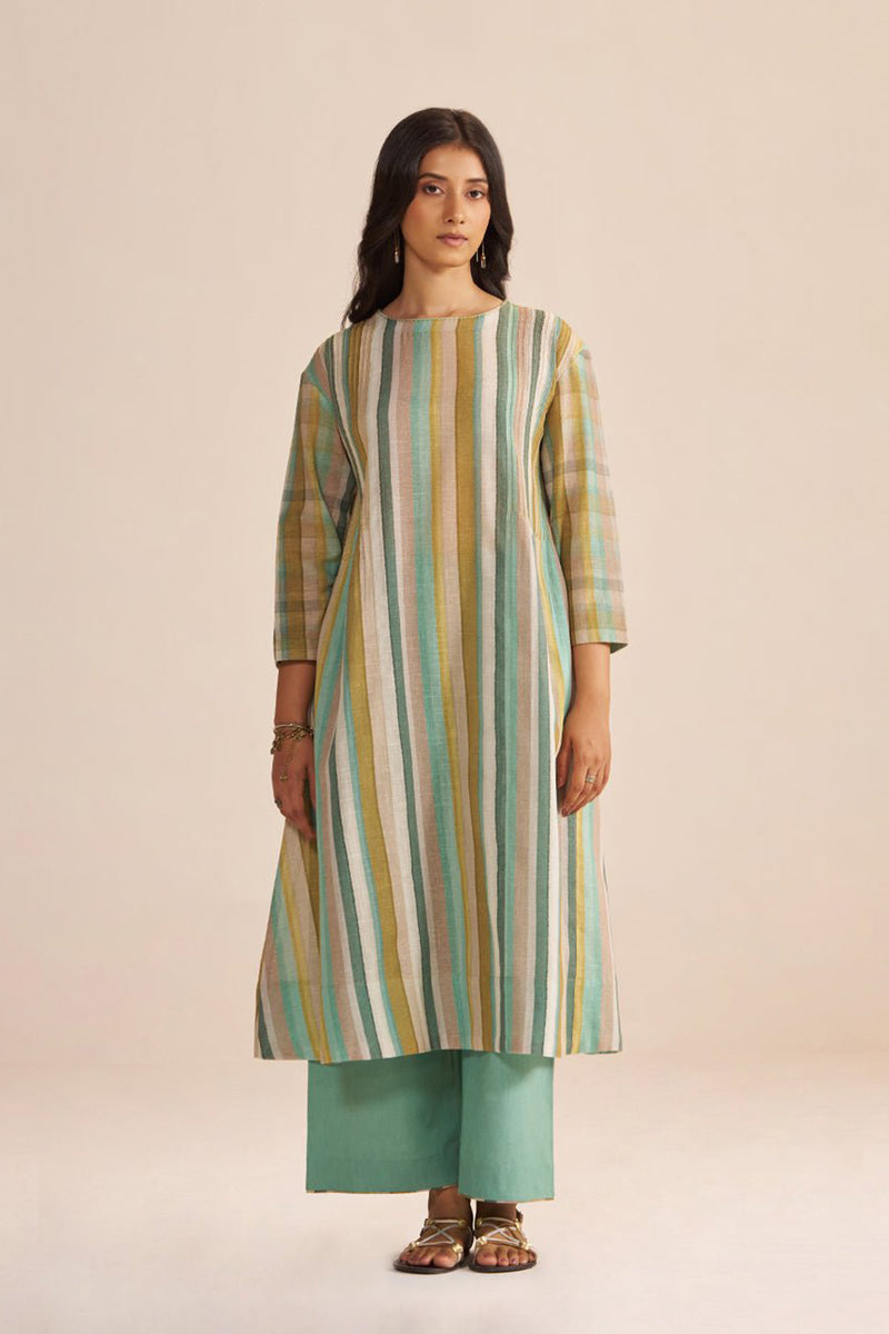 Shades of Teal and Green Stripe Cotton-Linen Co-ord Set