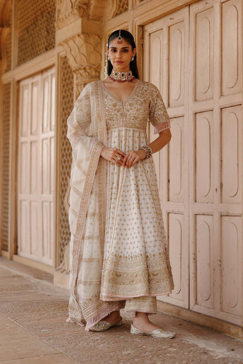 Nafees  - Daisy Ivory Kalidaar Anarkali Set with Palazzo & Dupatta