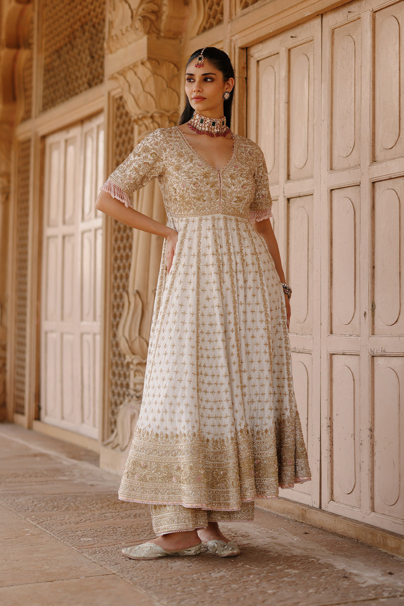 Nafees  - Daisy Ivory Kalidaar Anarkali Set with Palazzo & Dupatta