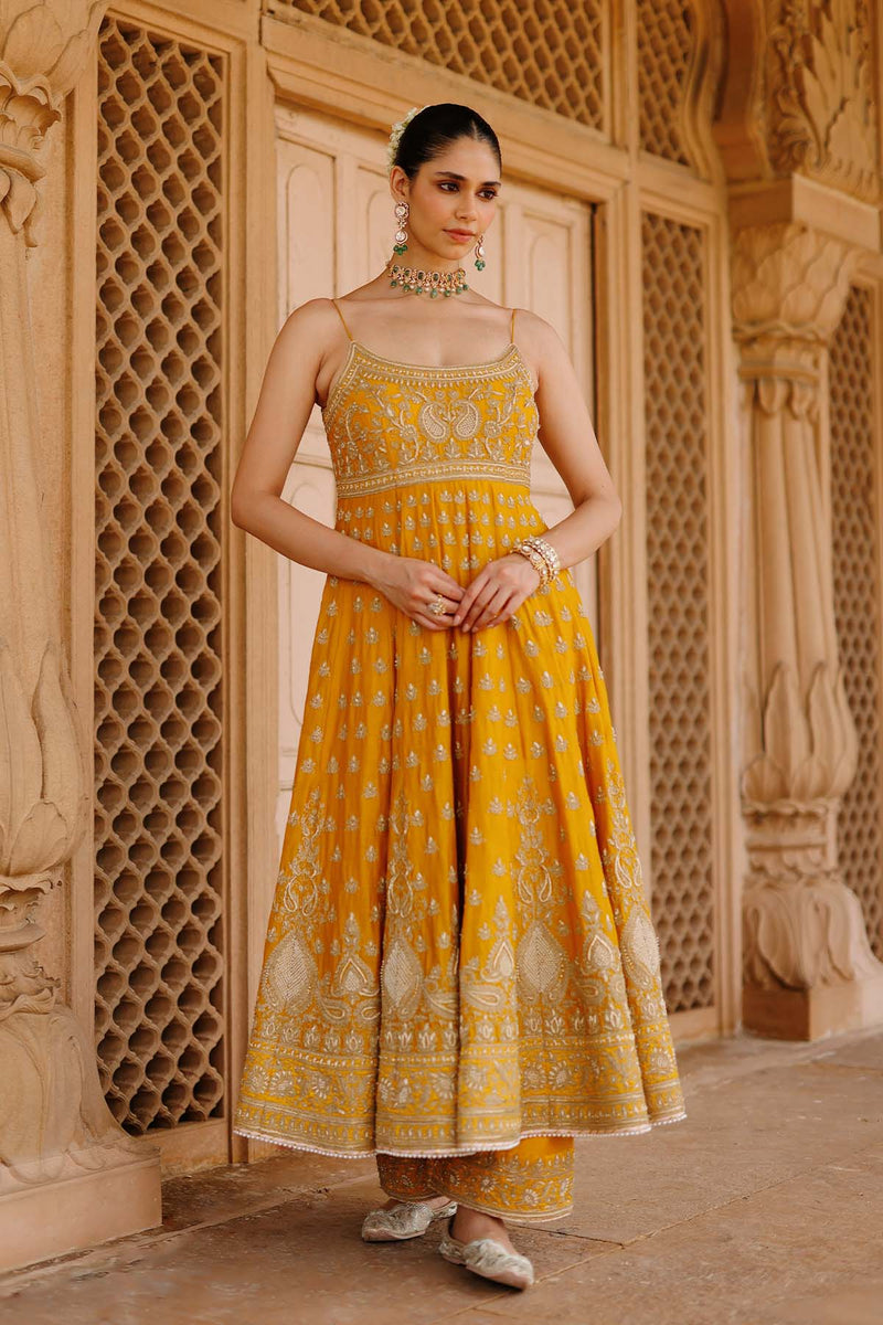 Afraa - Mustard Anarkali Set with Palazzo & Dupatta