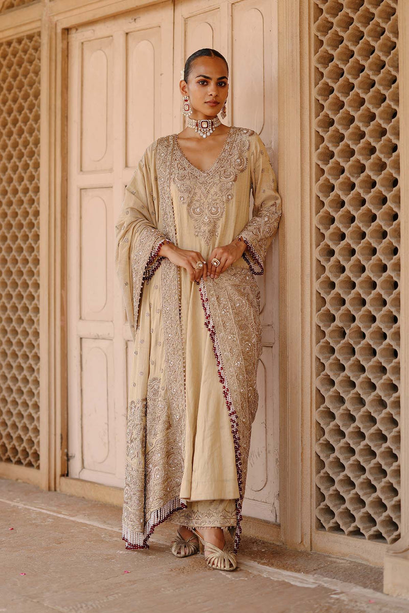 Rooh - Gold Tissue Long Kalidaar Anarkali Set with Palazzo & Dupatta