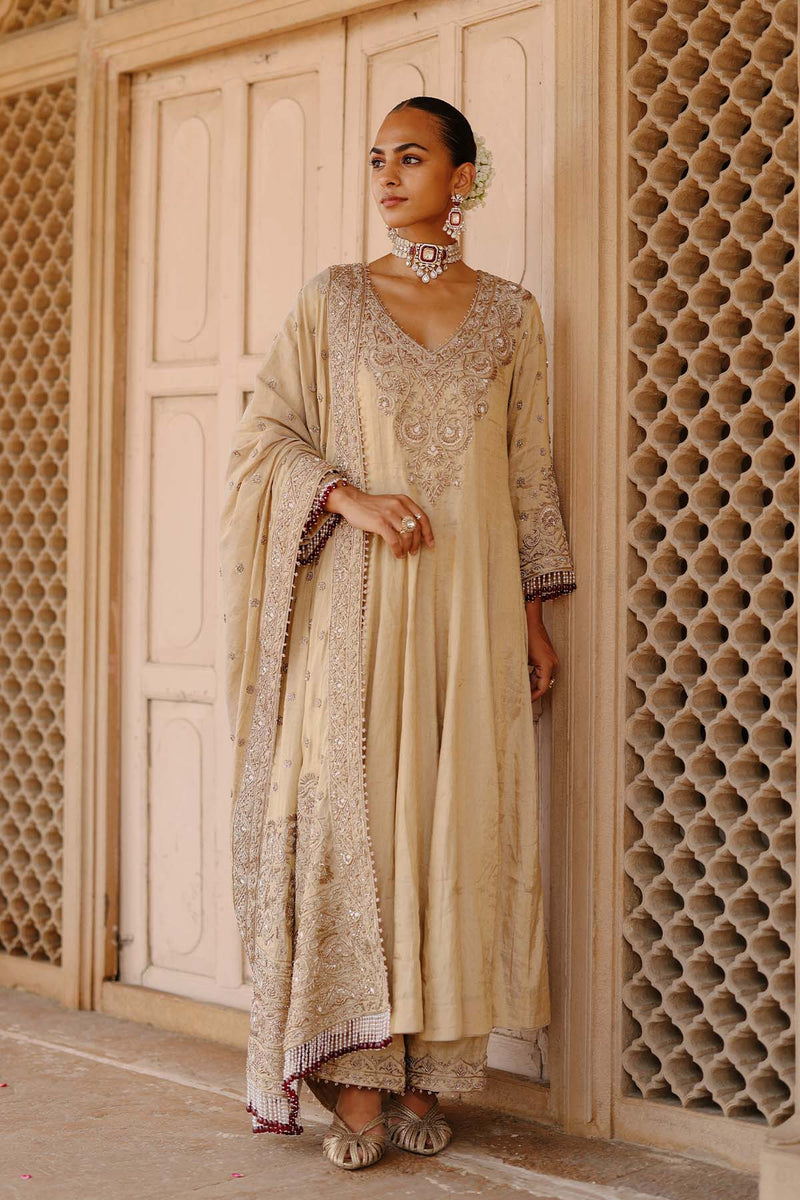 Rooh - Gold Tissue Long Kalidaar Anarkali Set with Palazzo & Dupatta