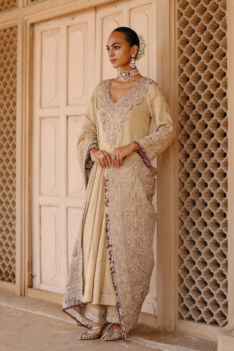 Rooh - Gold Tissue Long Kalidaar Anarkali Set with Palazzo & Dupatta