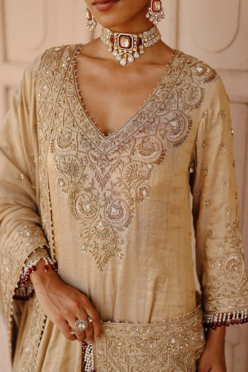 Rooh - Gold Tissue Long Kalidaar Anarkali Set with Palazzo & Dupatta