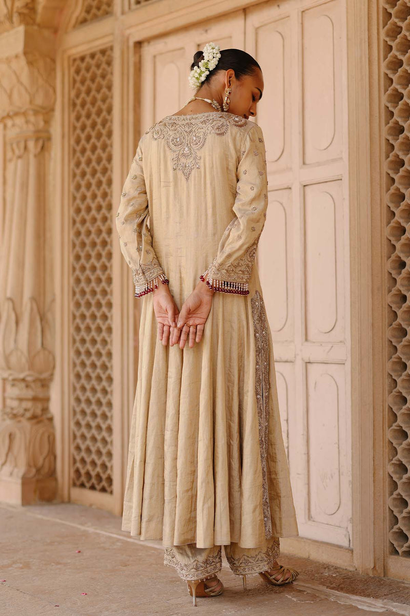 Rooh - Gold Tissue Long Kalidaar Anarkali Set with Palazzo & Dupatta