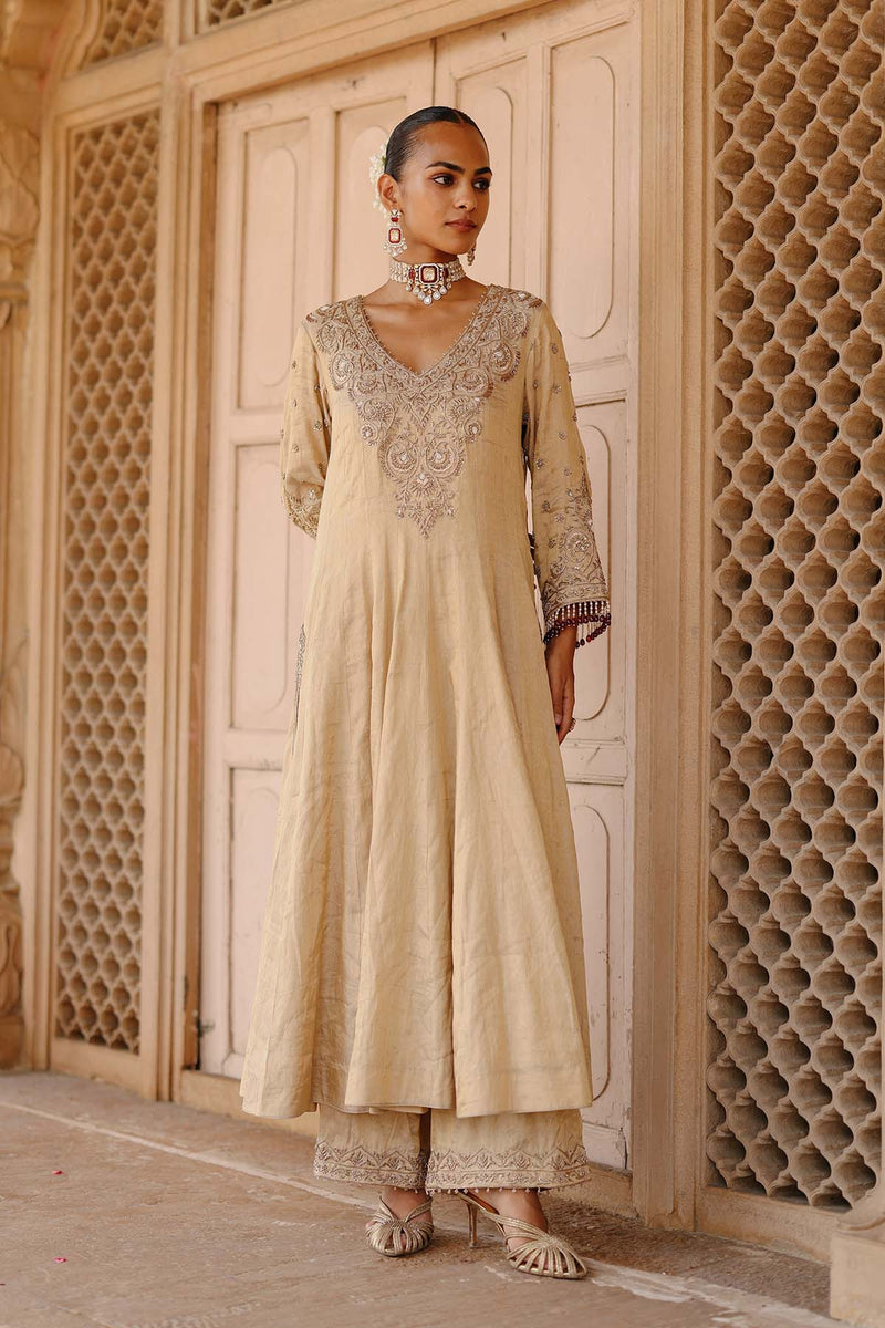 Rooh - Gold Tissue Long Kalidaar Anarkali Set with Palazzo & Dupatta