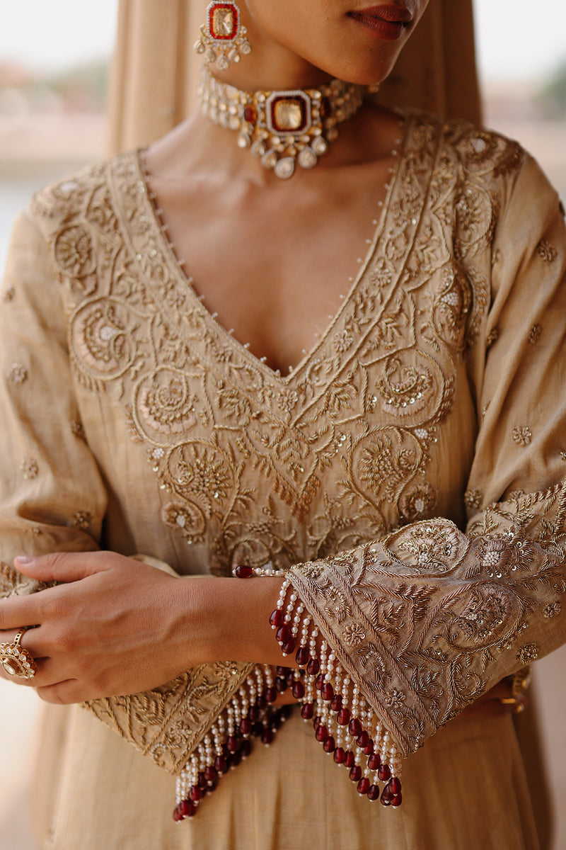 Rooh - Gold Tissue Long Kalidaar Anarkali Set with Palazzo & Dupatta