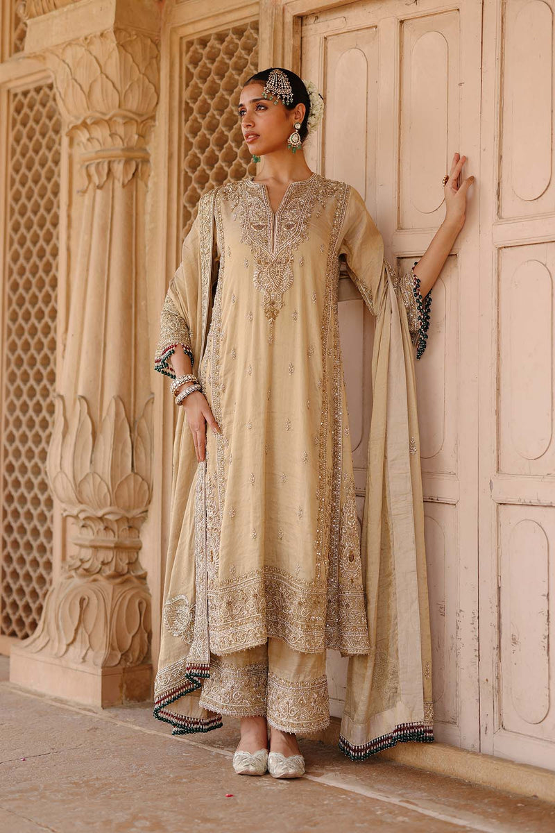 Nazaara - Gold Tissue Long Kalidaar Chauga Set with Palazzo & Dupatta