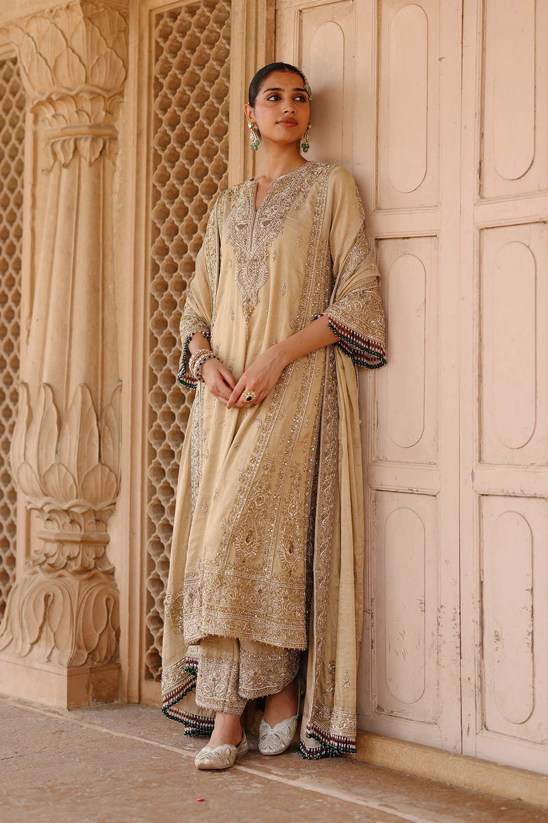 Nazaara - Gold Tissue Long Kalidaar Chauga Set with Palazzo & Dupatta