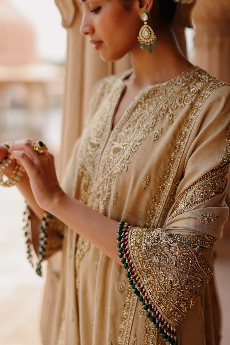 Nazaara - Gold Tissue Long Kalidaar Chauga Set with Palazzo & Dupatta