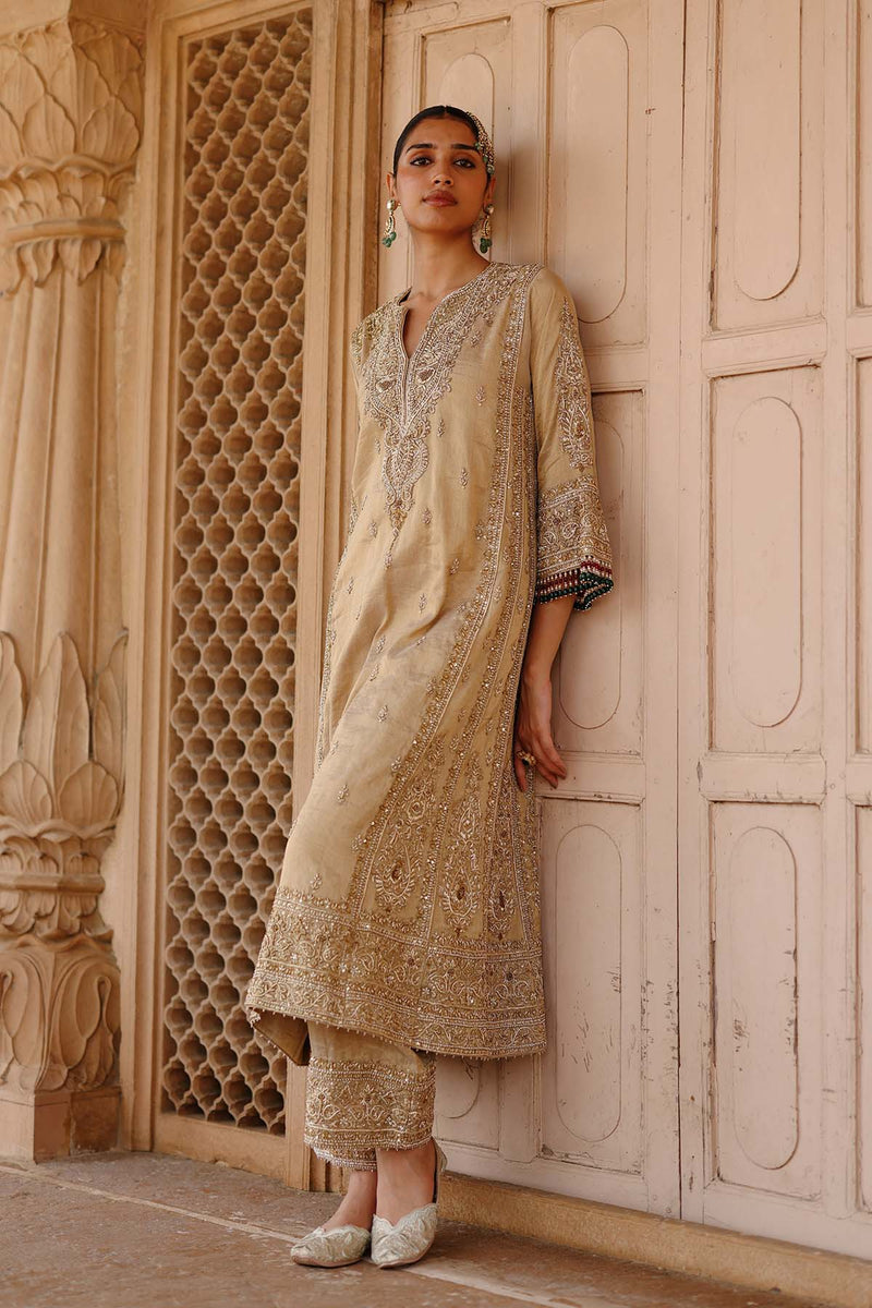 Nazaara - Gold Tissue Long Kalidaar Chauga Set with Palazzo & Dupatta