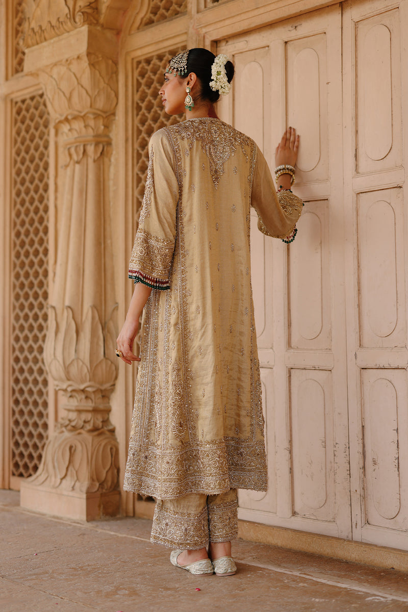 Nazaara - Gold Tissue Long Kalidaar Chauga Set with Palazzo & Dupatta