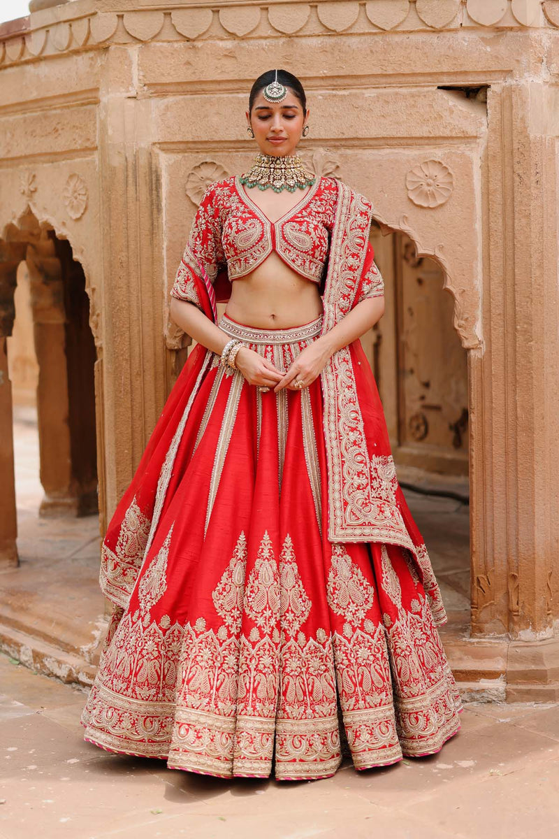 Mahroz - Deep Red Lehenga Set with Blouse & Dupatta