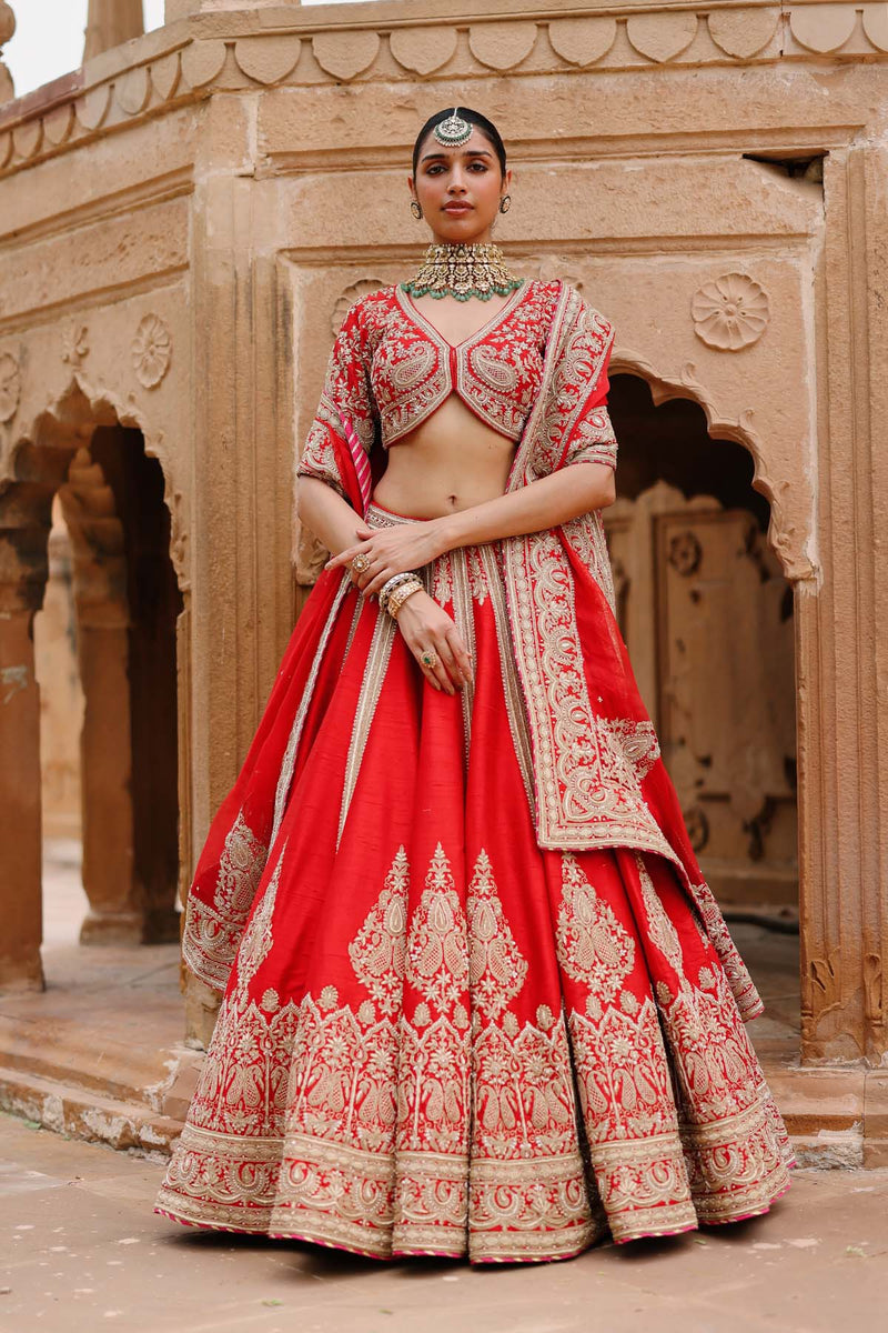Mahroz - Deep Red Lehenga Set with Blouse & Dupatta