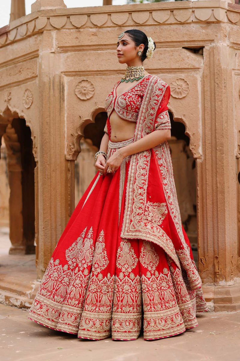 Mahroz - Deep Red Lehenga Set with Blouse & Dupatta