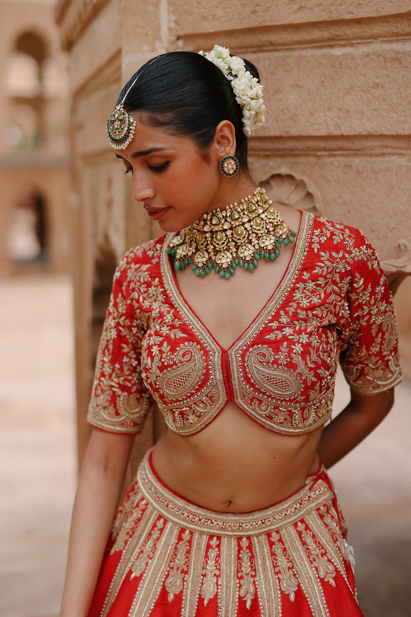 Mahroz - Deep Red Lehenga Set with Blouse & Dupatta