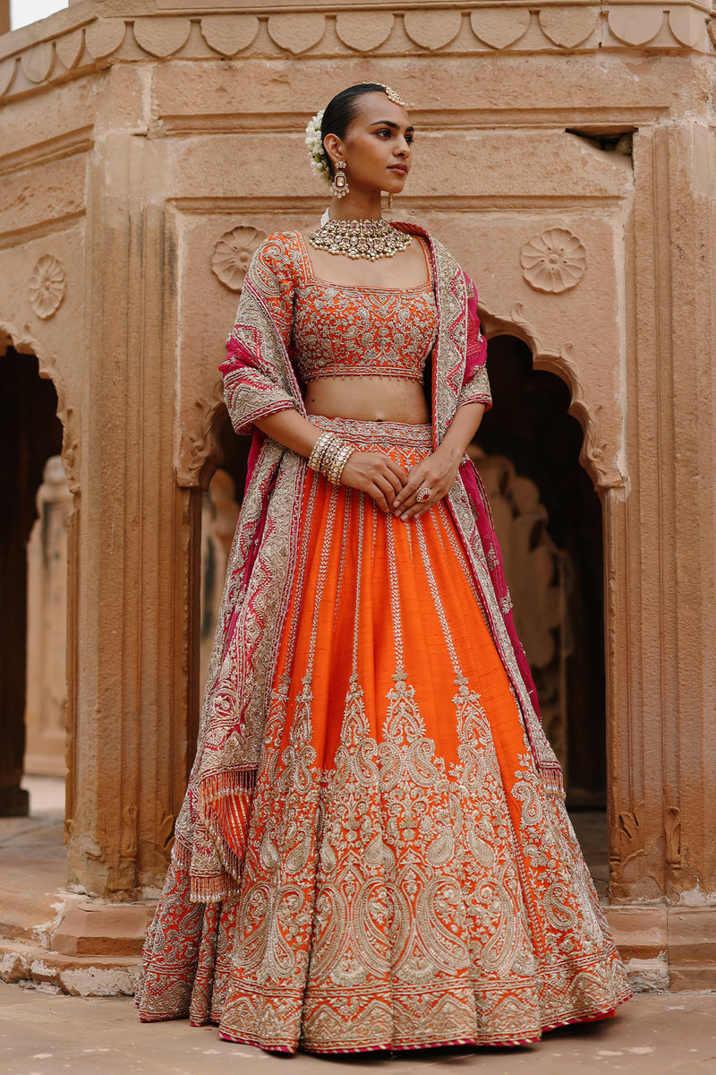 Nagma  - Orange Lehenga Set with Blouse & Hot Pink Dupatta