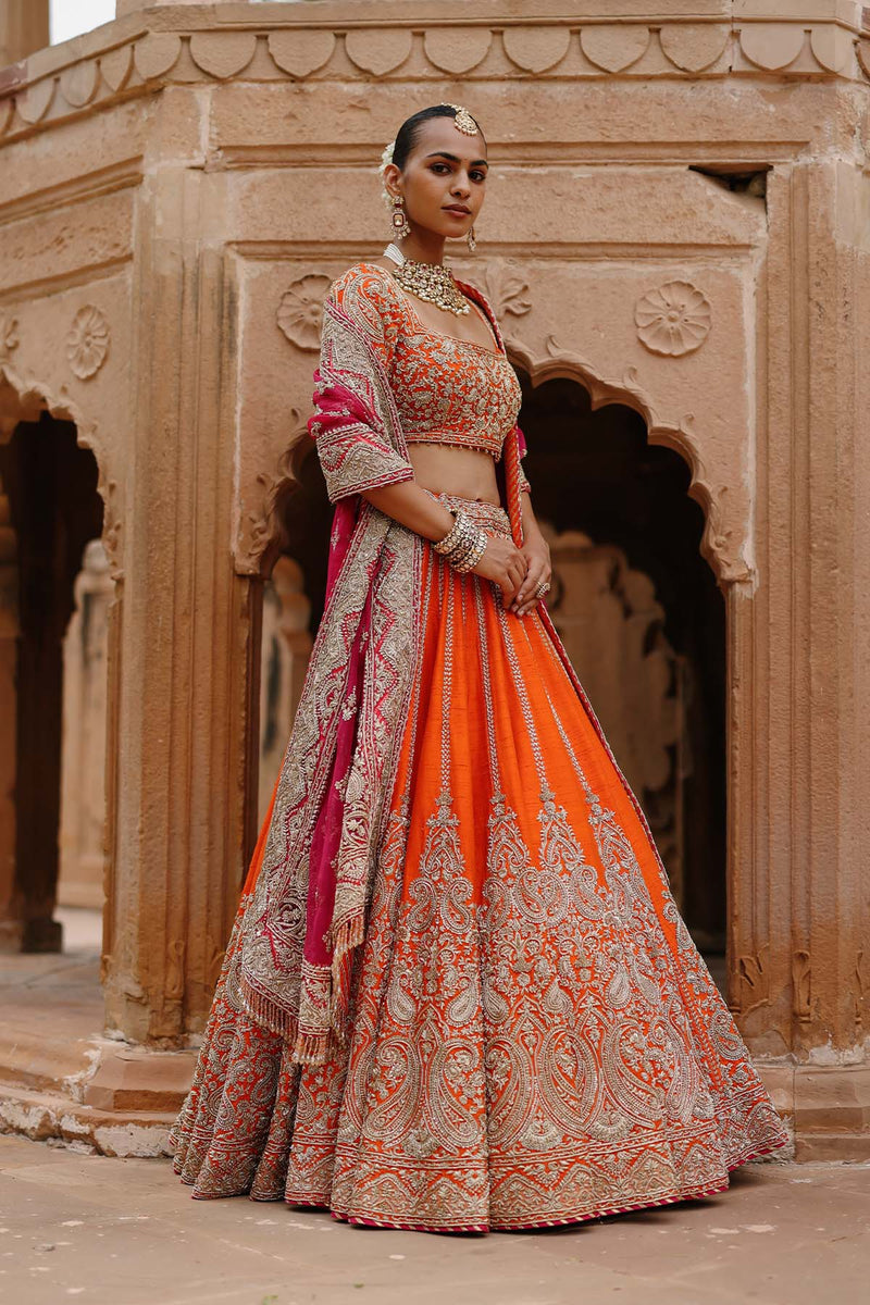 Nagma  - Orange Lehenga Set with Blouse & Hot Pink Dupatta