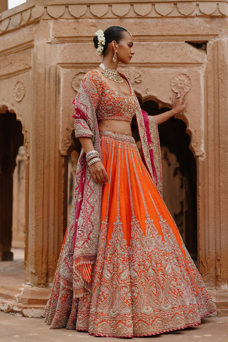 Nagma  - Orange Lehenga Set with Blouse & Hot Pink Dupatta