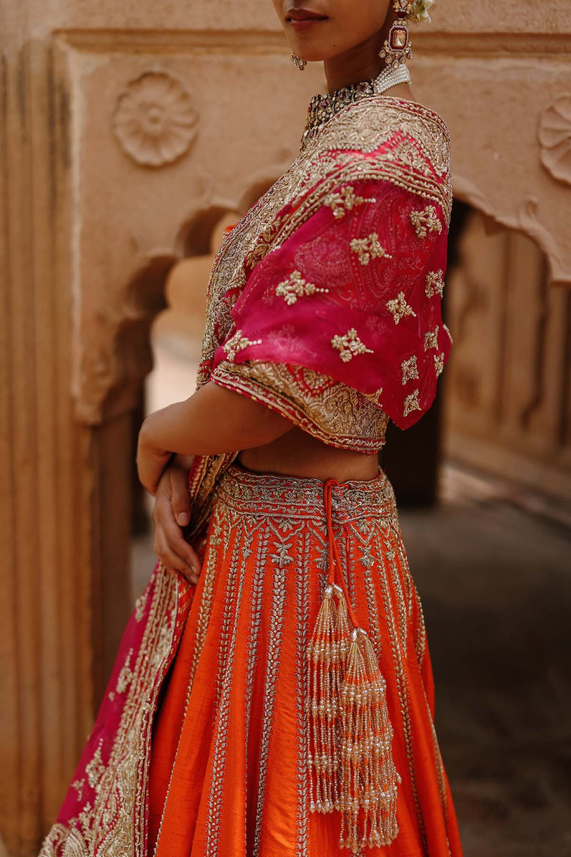 Nagma  - Orange Lehenga Set with Blouse & Hot Pink Dupatta