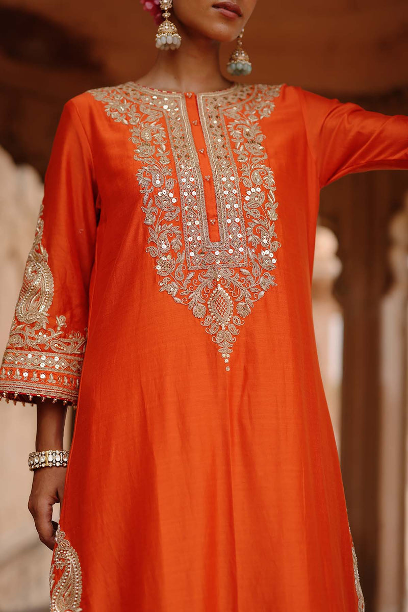 Umaira - Burnt Orange Long Kurta Set with Salwar & Dupatta