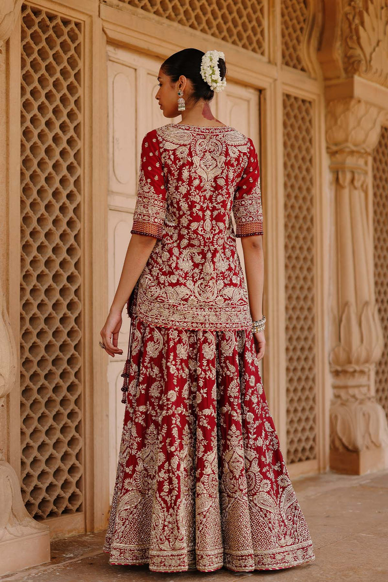 Merab - Deep Red Kurta Set with Lehenga & Dupatta