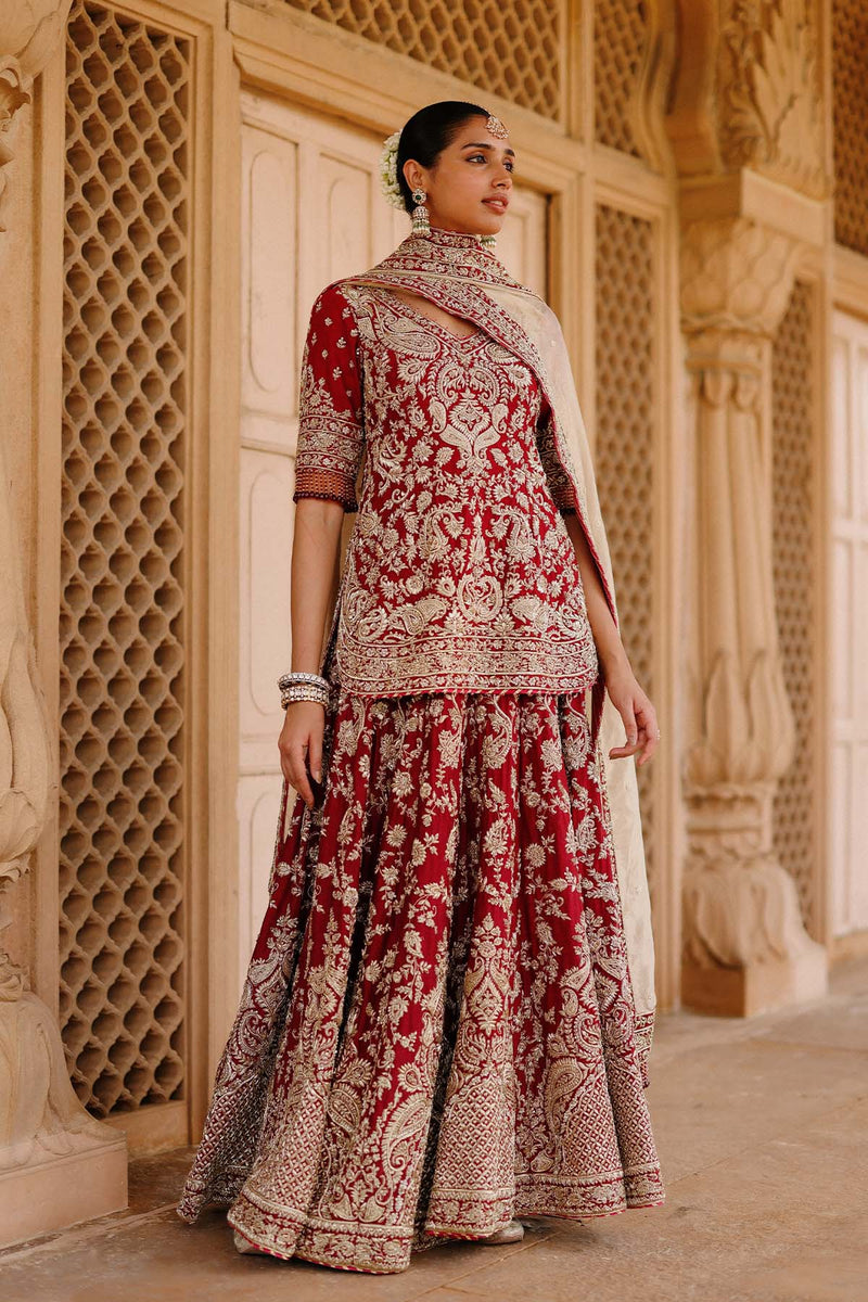 Merab - Deep Red Kurta Set with Lehenga & Dupatta