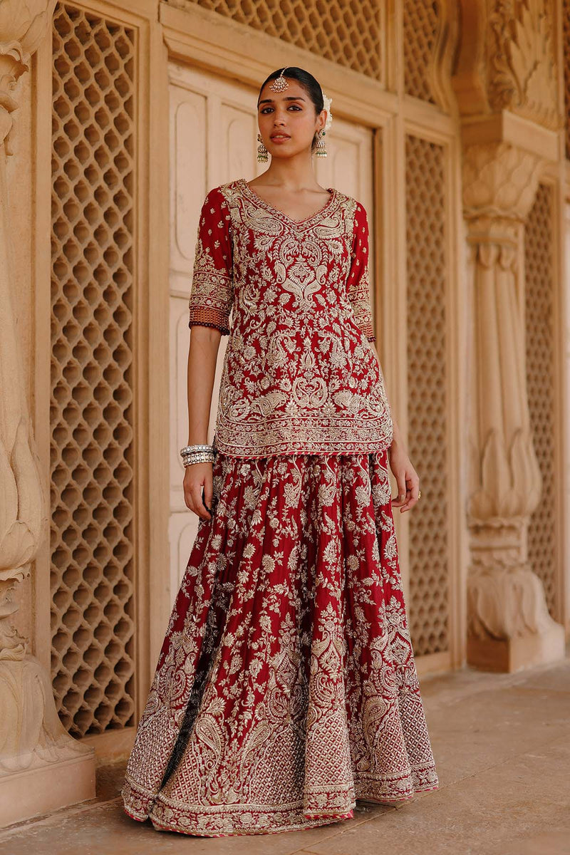 Merab - Deep Red Kurta Set with Lehenga & Dupatta
