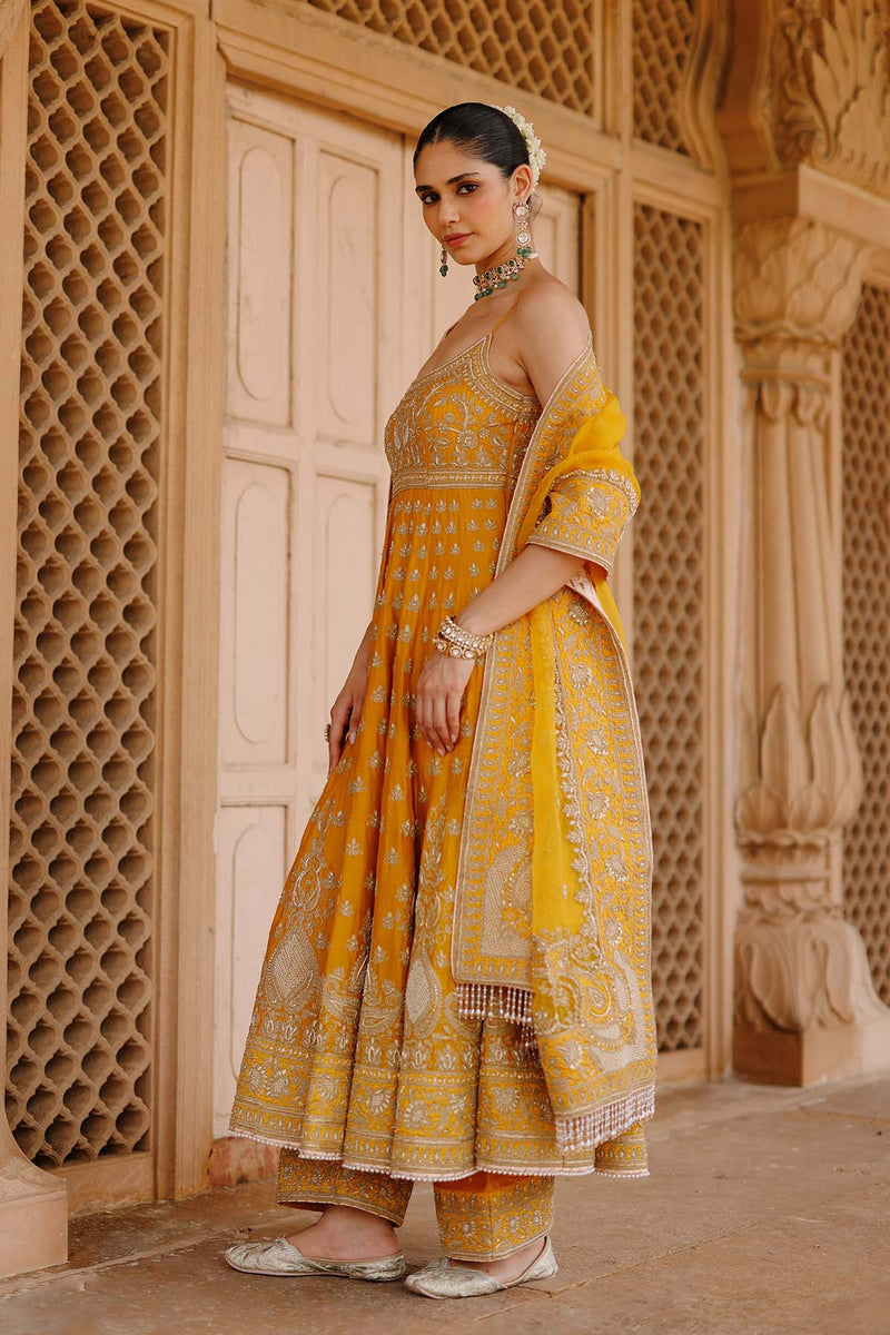 Afraa - Mustard Anarkali Set with Palazzo & Dupatta