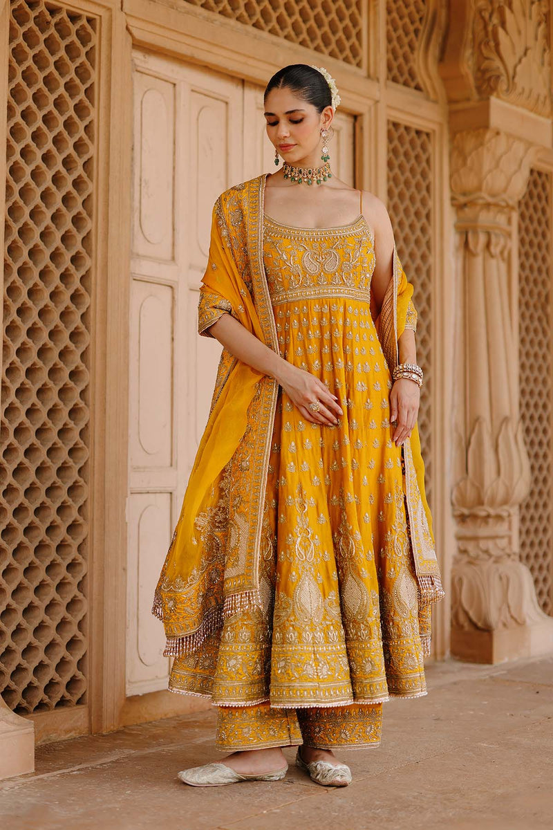 Afraa - Mustard Anarkali Set with Palazzo & Dupatta