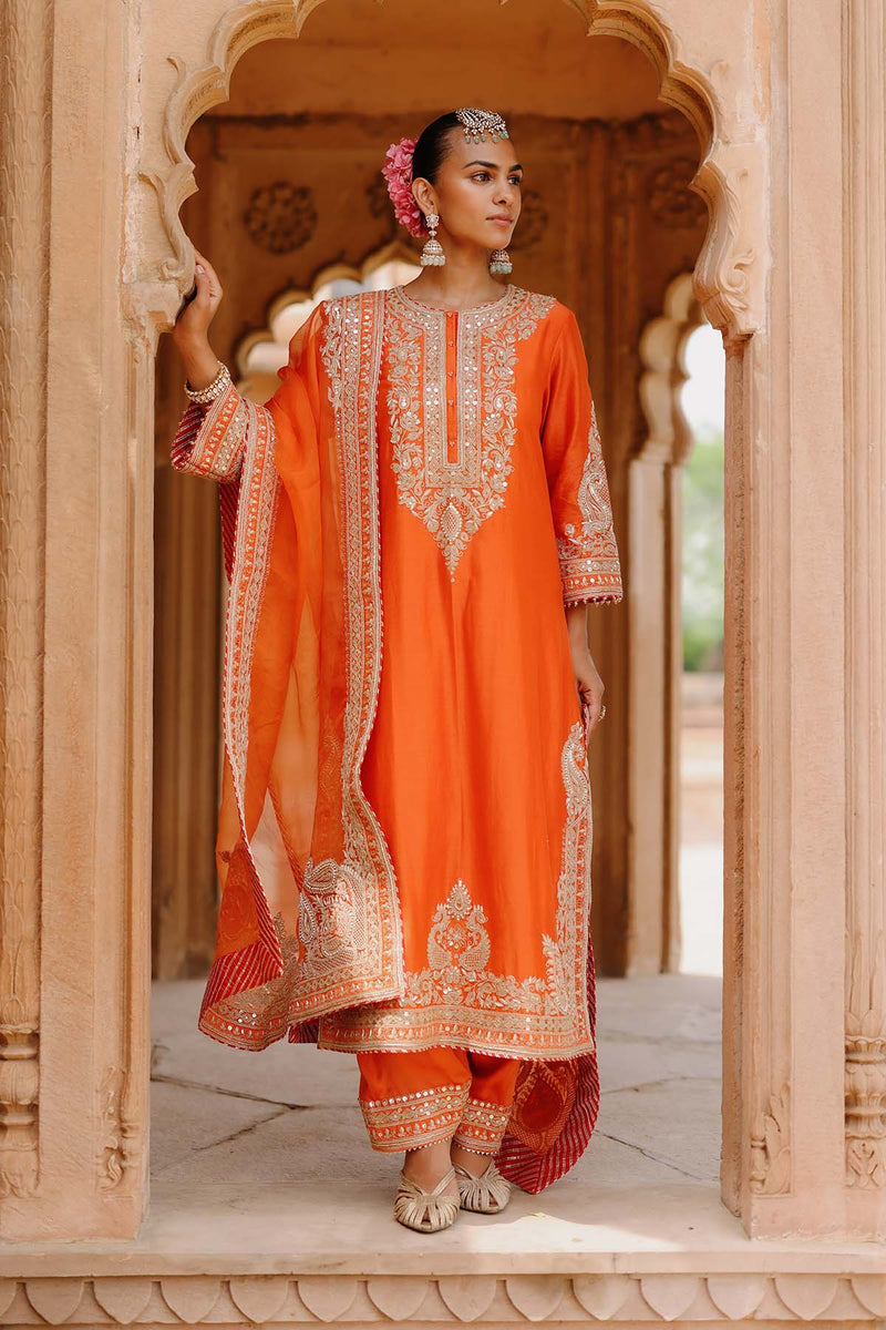 Umaira - Burnt Orange Long Kurta Set with Salwar & Dupatta