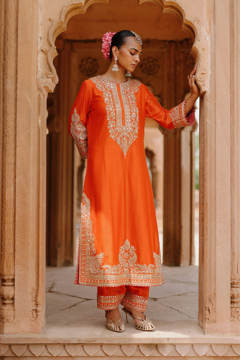 Umaira - Burnt Orange Long Kurta Set with Salwar & Dupatta