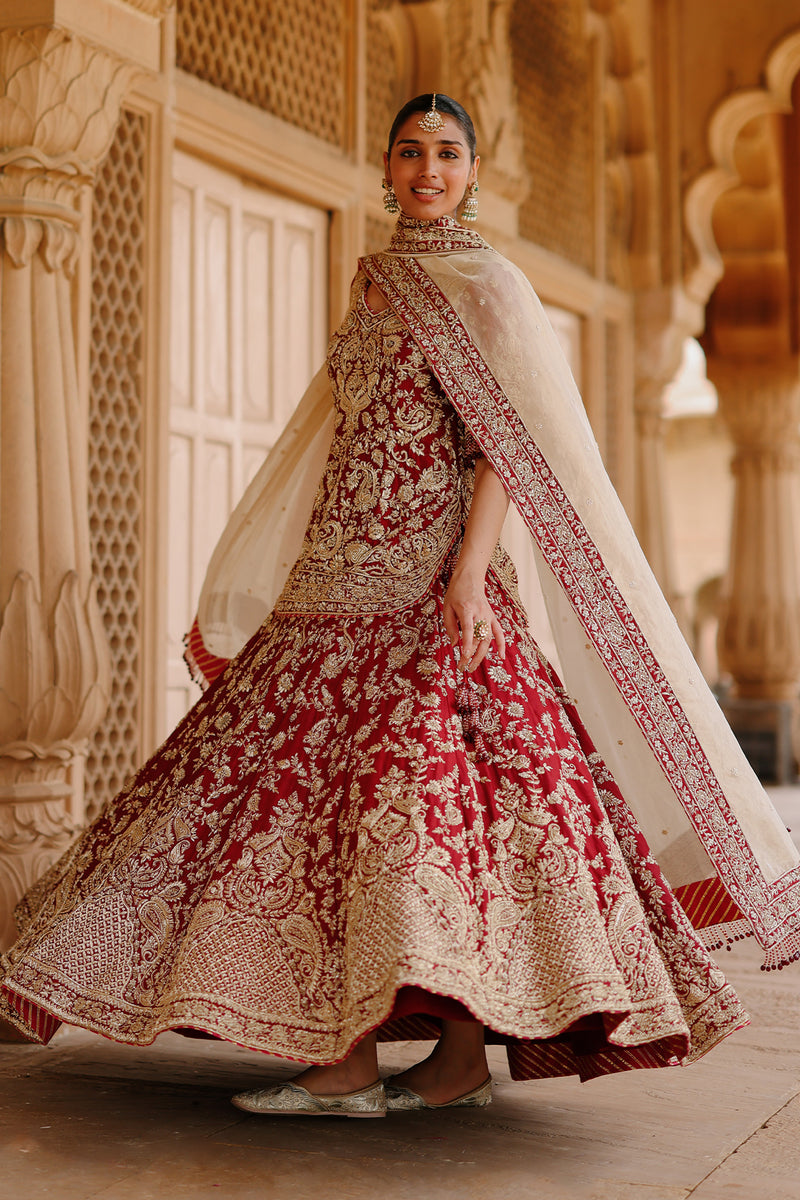 Merab - Deep Red Kurta Set with Lehenga & Dupatta