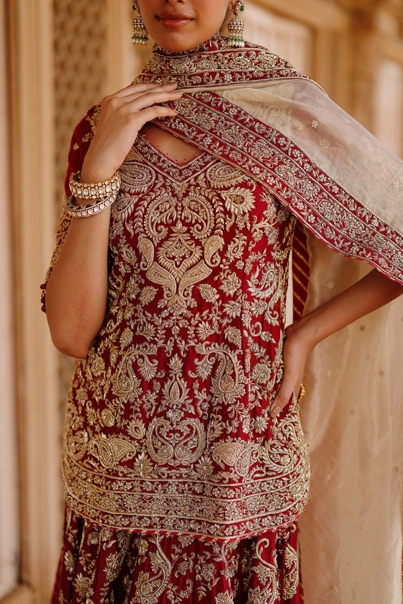 Merab - Deep Red Kurta Set with Lehenga & Dupatta