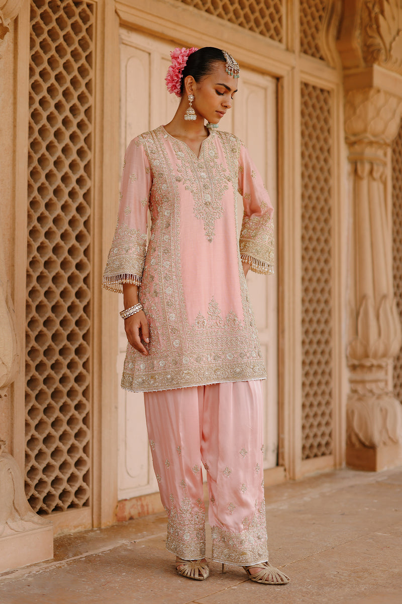 Elaya - Pink Short Kurta Set with Matching Salwar & Dupatta