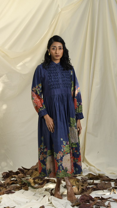 Blue & Green Poppy Bloom All Over Print Dress