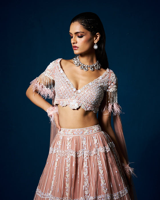 Misha lehenga set with blouse and dupatta - Mocha Beige