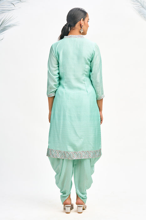 Turquoise Polka Dot Kurta with Dhoti Pants and Dupatta Set