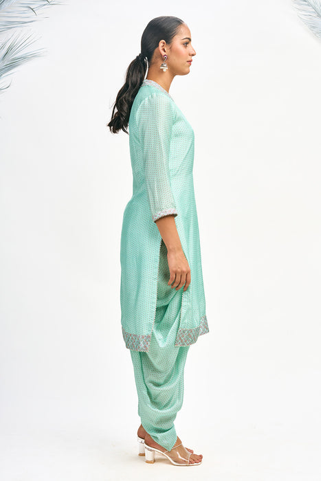 Turquoise Polka Dot Kurta with Dhoti Pants and Dupatta Set