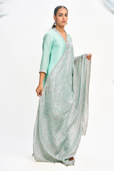 Turquoise Polka Dot Kurta with Dhoti Pants and Dupatta Set