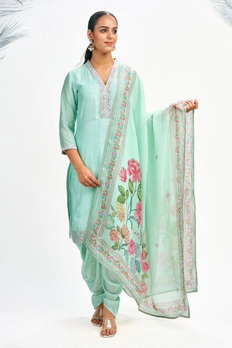 Turquoise Polka Dot Kurta with Dhoti Pants and Dupatta Set